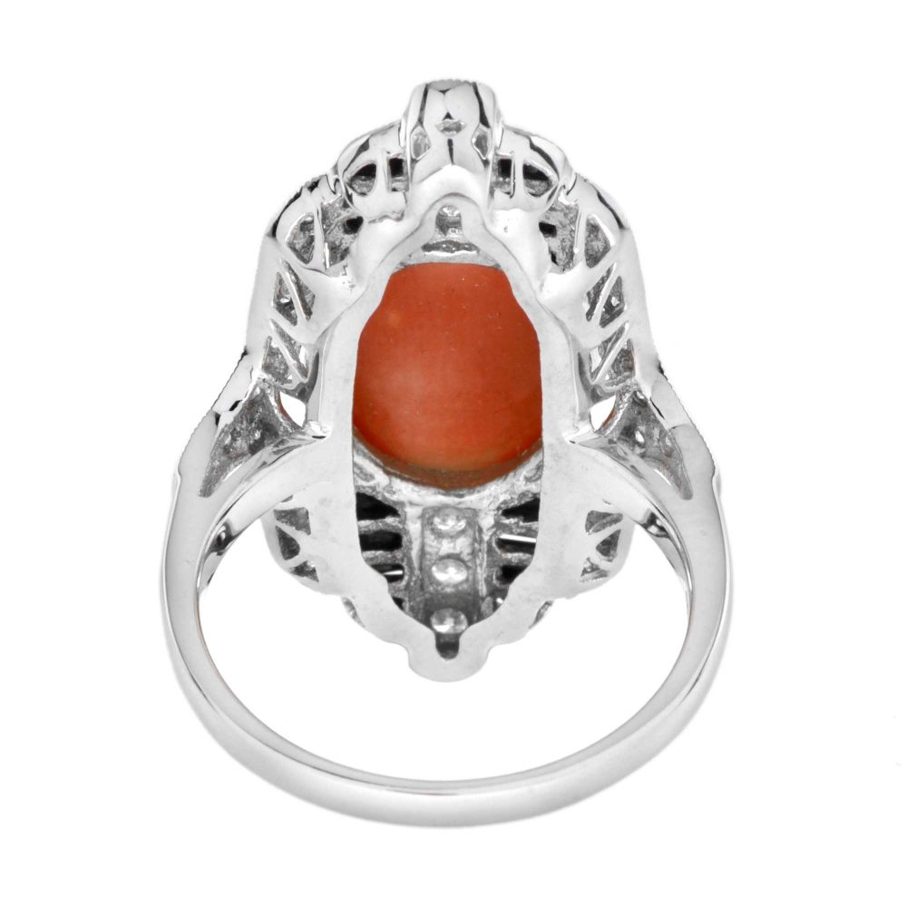 Art Deco Inspired 3ct Coral Onyx and Diamond Plaque Cocktail Ring