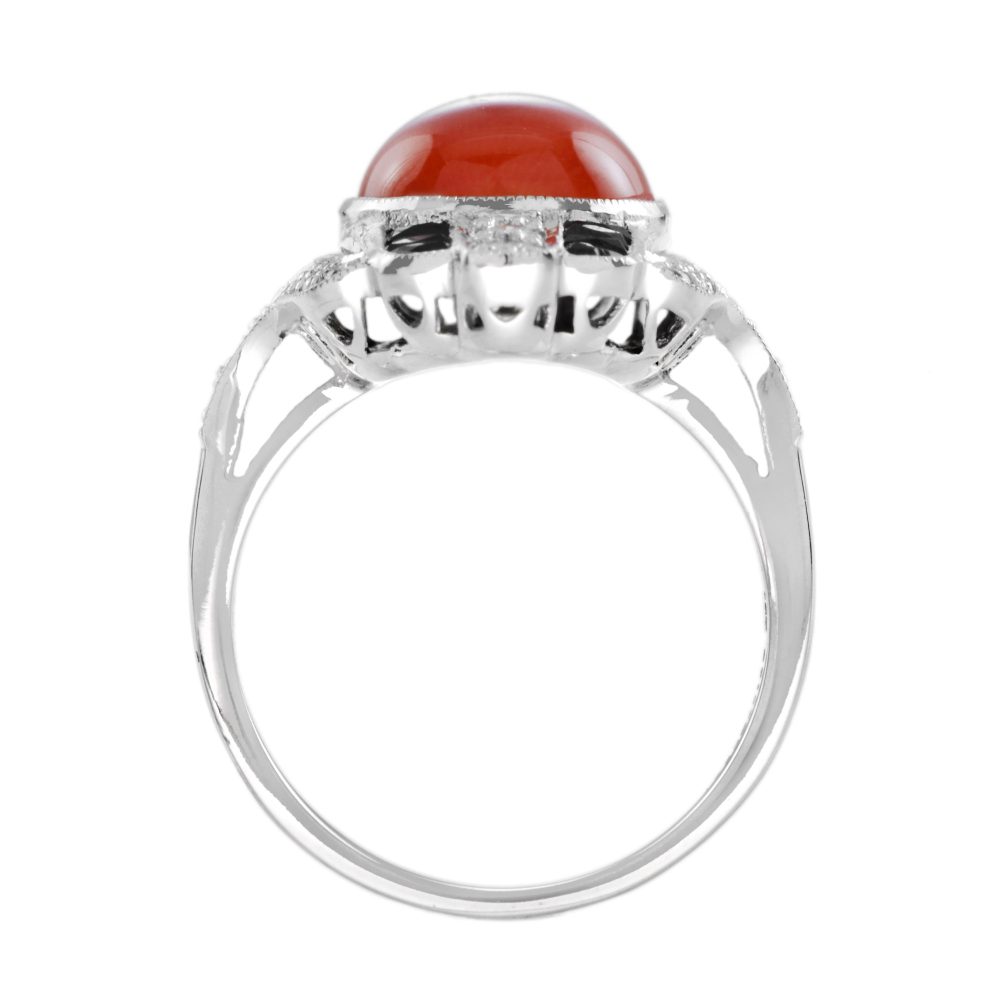 Art Deco Inspired 3ct Coral Onyx and Diamond Plaque Cocktail Ring