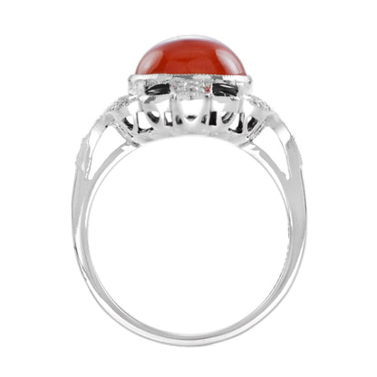 Art Deco Inspired 3ct Coral Onyx and Diamond Plaque Cocktail Ring