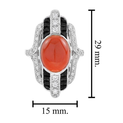 Art Deco Inspired 3ct Coral Onyx and Diamond Plaque Cocktail Ring