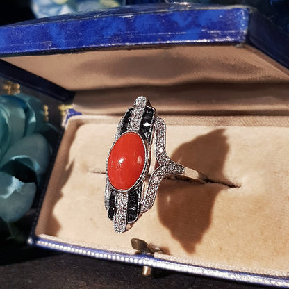 Art Deco Inspired 3ct Coral Onyx and Diamond Plaque Cocktail Ring
