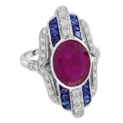 Certified 4.97ct Burma Ruby Sapphire and Diamond Cluster Plaque Ring