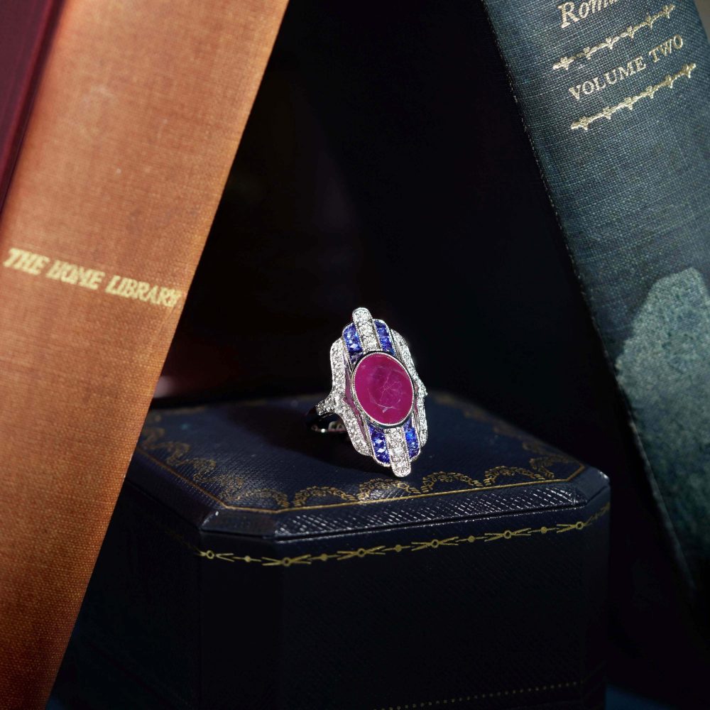 Certified 4.97ct Burma Ruby Sapphire and Diamond Cluster Plaque Ring