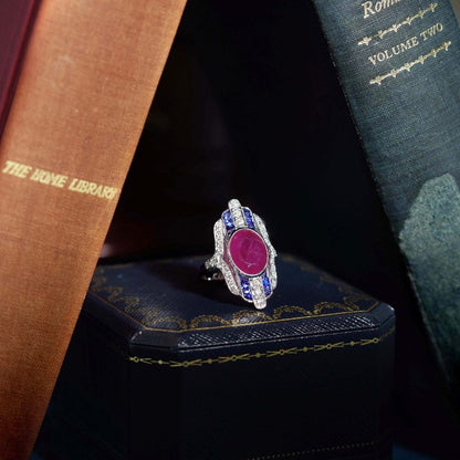 Certified 4.97ct Burma Ruby Sapphire and Diamond Cluster Plaque Ring