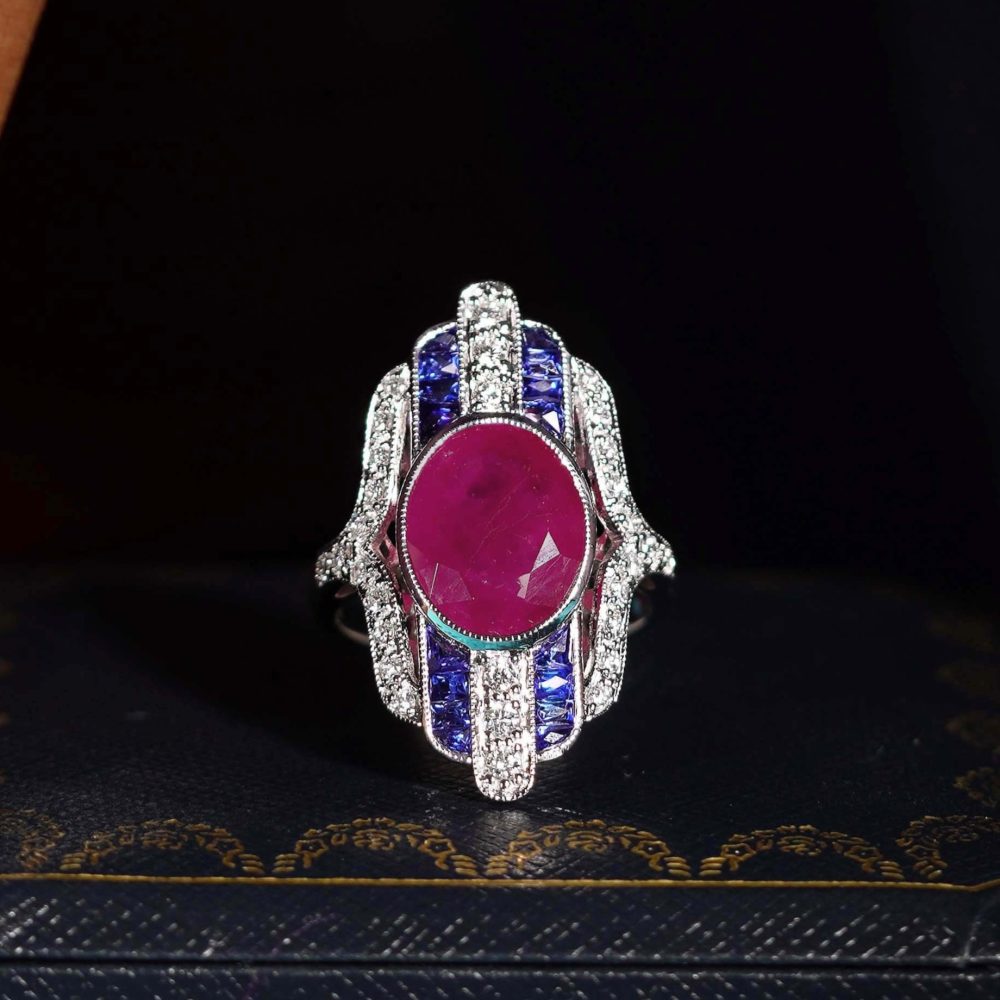 Certified 4.97ct Burma Ruby Sapphire and Diamond Cluster Plaque Ring