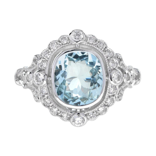 1.70ct Cushion Shape Aquamarine and Diamond Cluster Engagement Ring