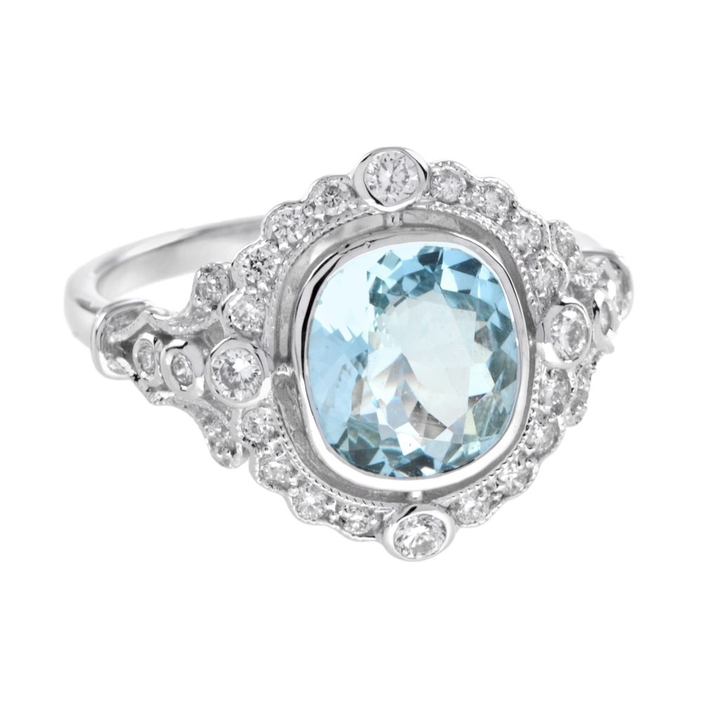 1.70ct Cushion Shape Aquamarine and Diamond Cluster Engagement Ring
