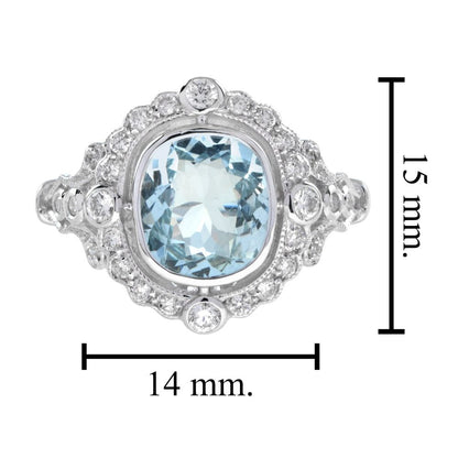 1.70ct Cushion Shape Aquamarine and Diamond Cluster Engagement Ring