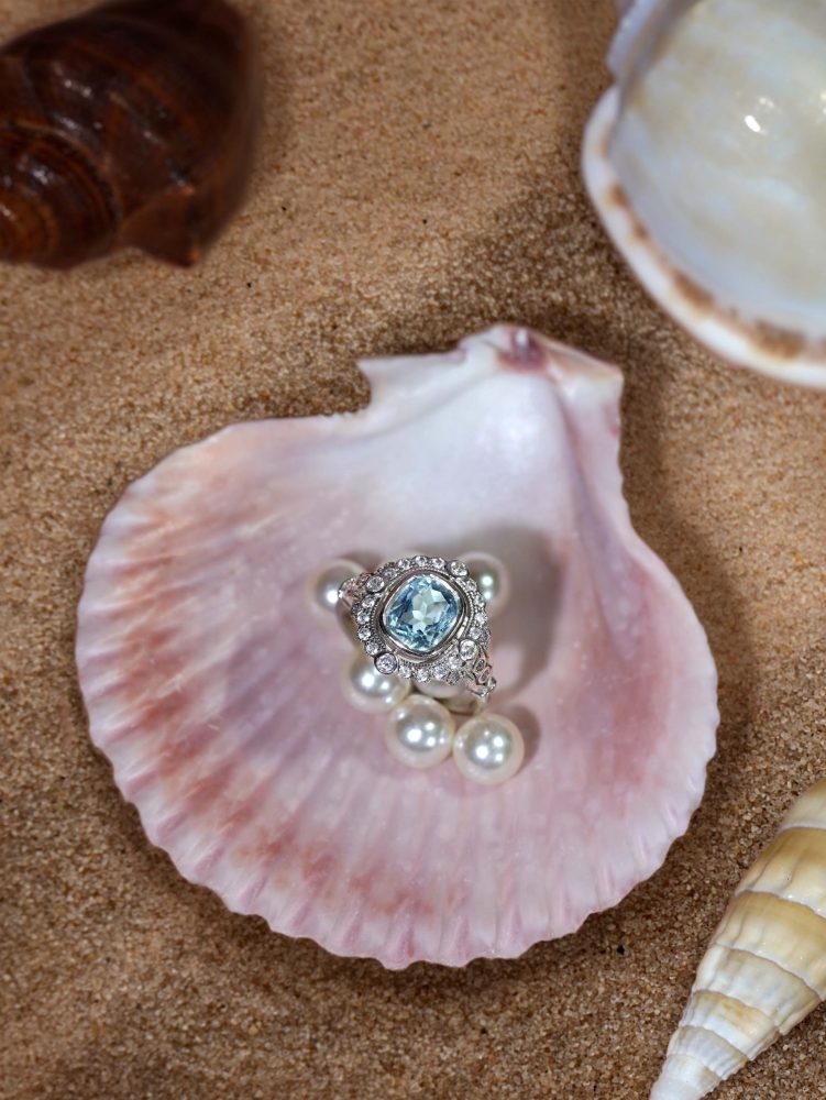 1.70ct Cushion Shape Aquamarine and Diamond Cluster Engagement Ring