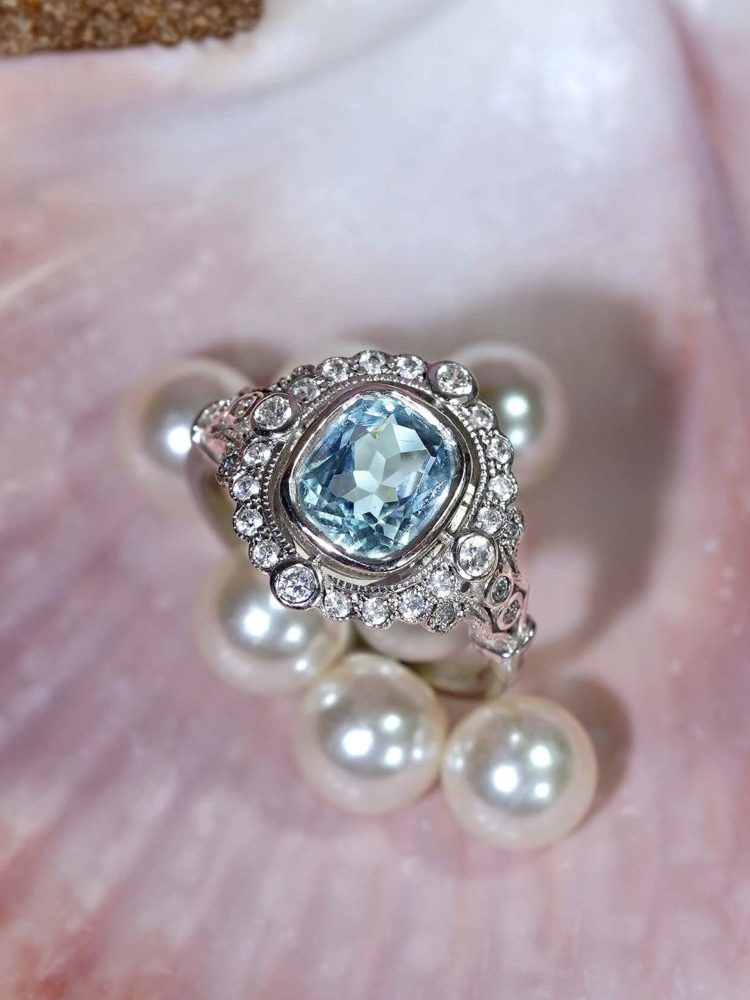 1.70ct Cushion Shape Aquamarine and Diamond Cluster Engagement Ring