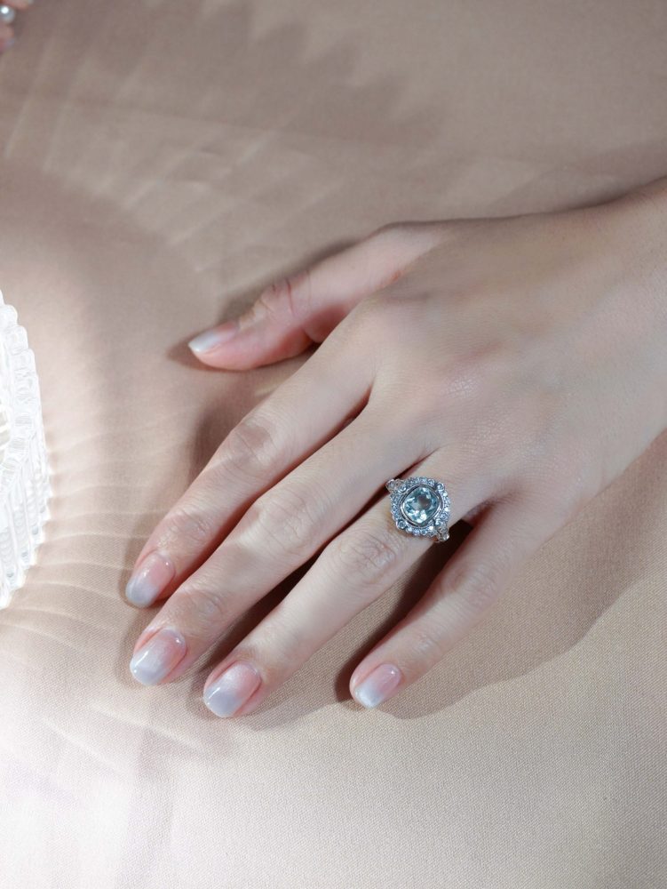 1.70ct Cushion Shape Aquamarine and Diamond Cluster Engagement Ring