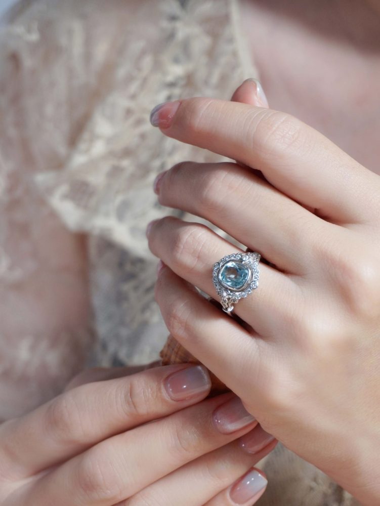 1.70ct Cushion Shape Aquamarine and Diamond Cluster Engagement Ring