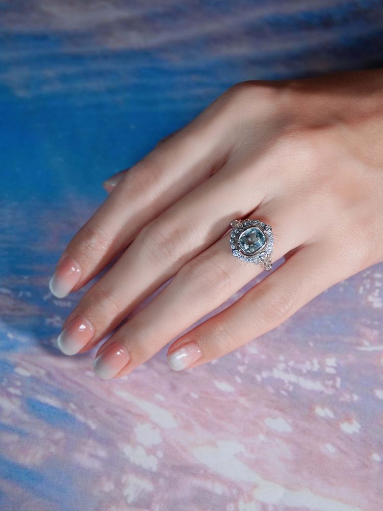 1.70ct Cushion Shape Aquamarine and Diamond Cluster Engagement Ring