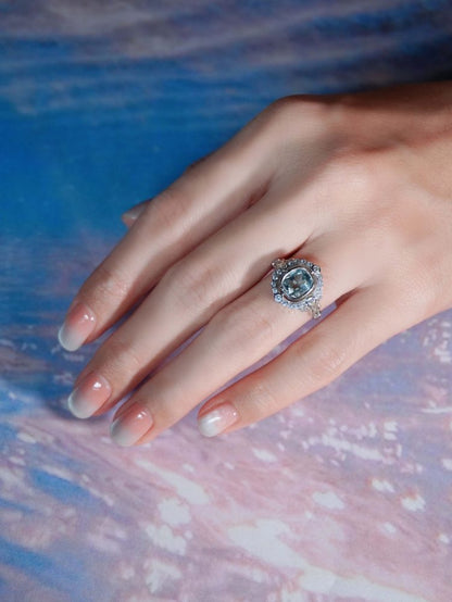 1.70ct Cushion Shape Aquamarine and Diamond Cluster Engagement Ring
