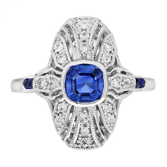 Sapphire and Diamond Cluster Plaque Ring in 14ct White Gold