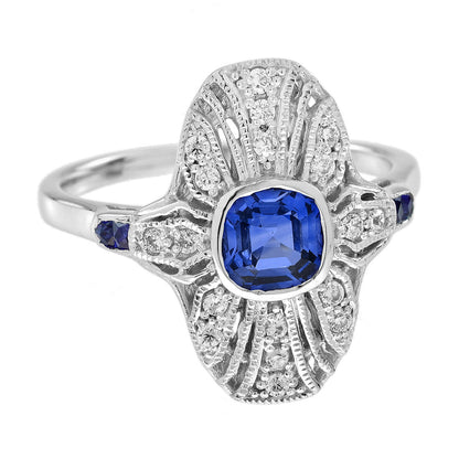 Sapphire and Diamond Cluster Plaque Ring in 14ct White Gold