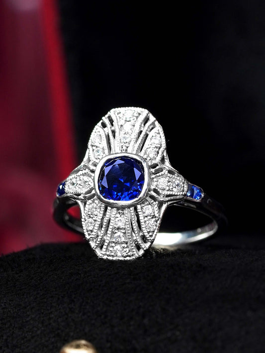 Sapphire and Diamond Cluster Plaque Ring in 14ct White Gold