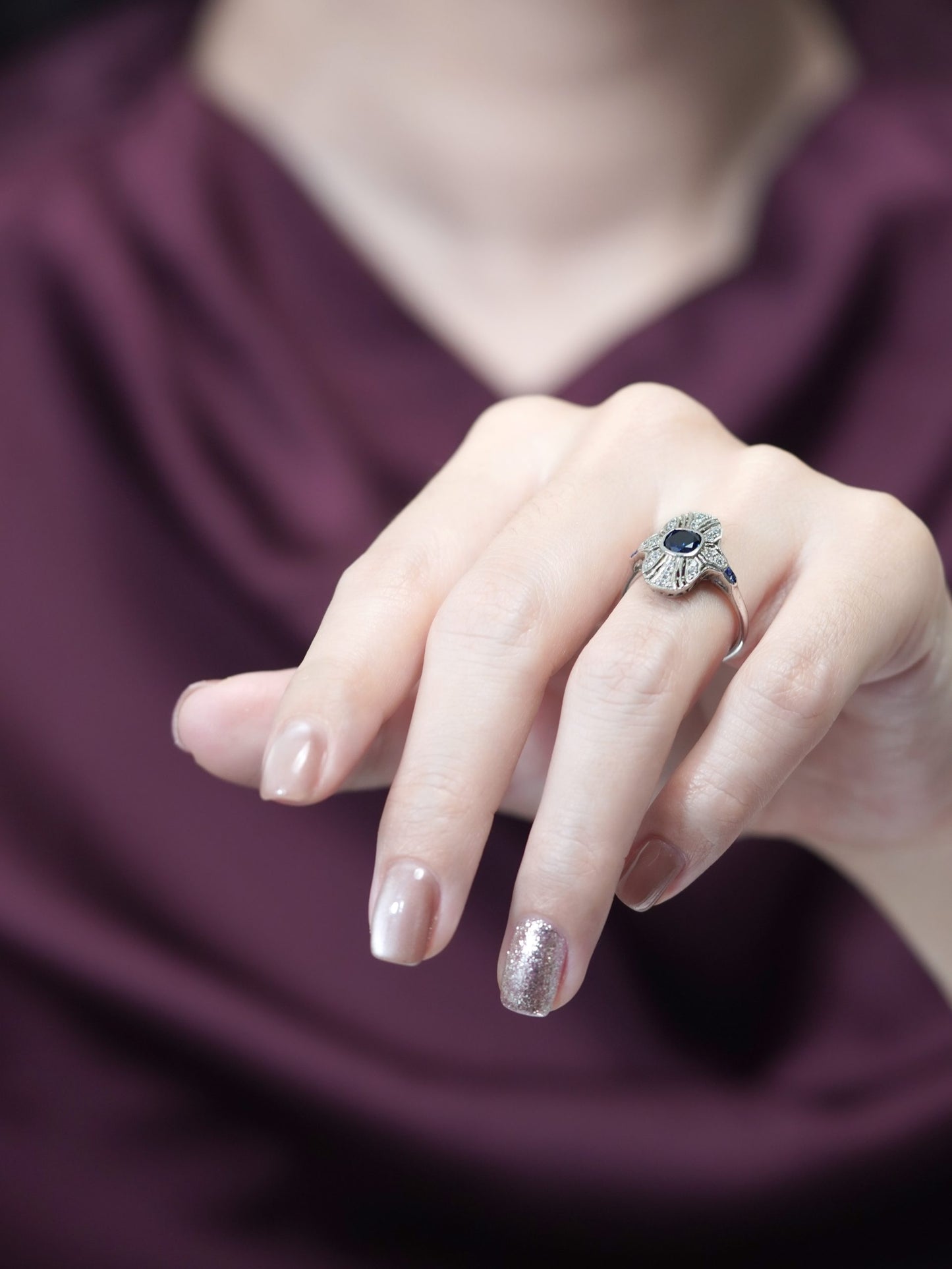 Sapphire and Diamond Cluster Plaque Ring in 14ct White Gold