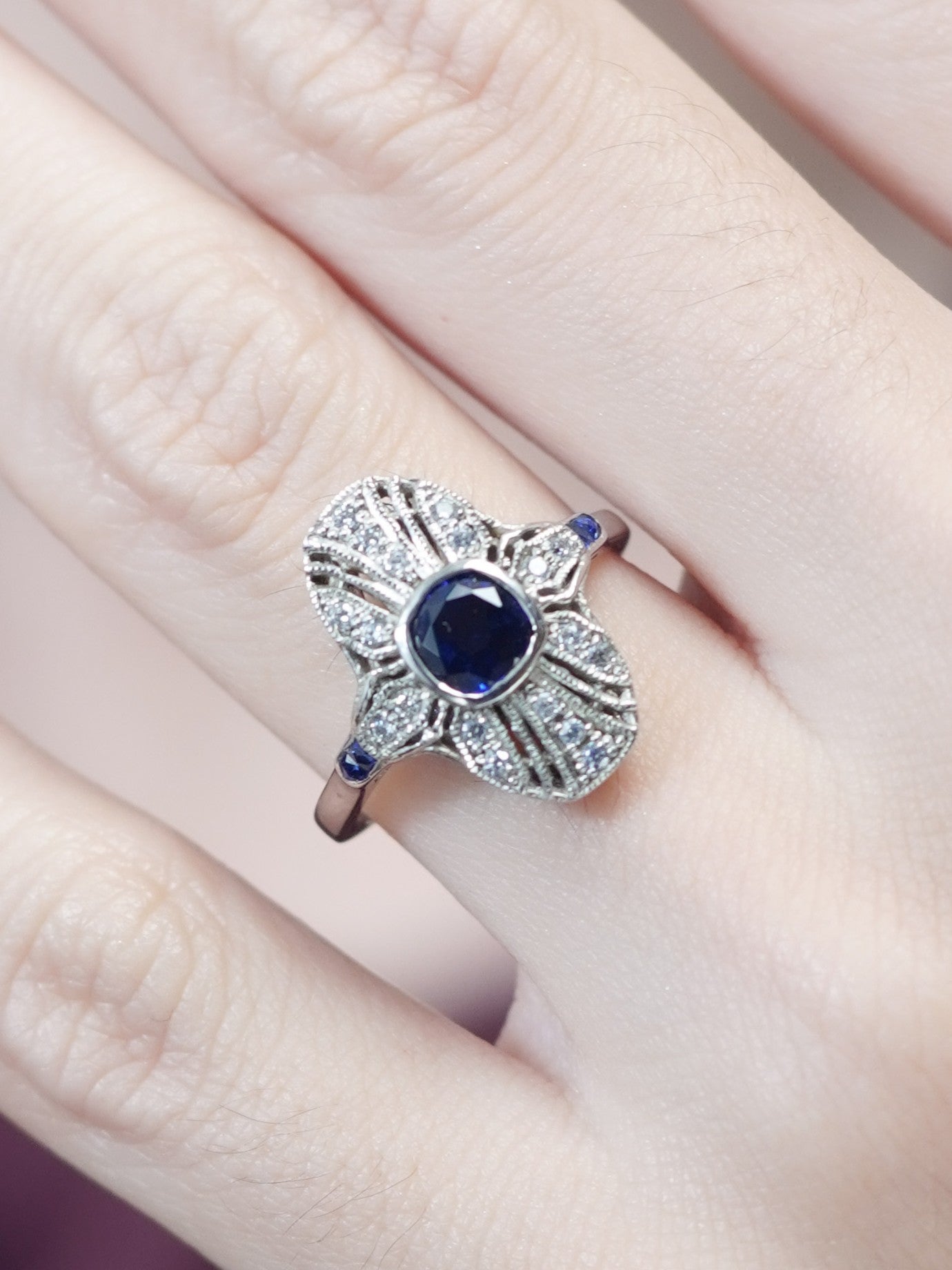 Sapphire and Diamond Cluster Plaque Ring in 14ct White Gold
