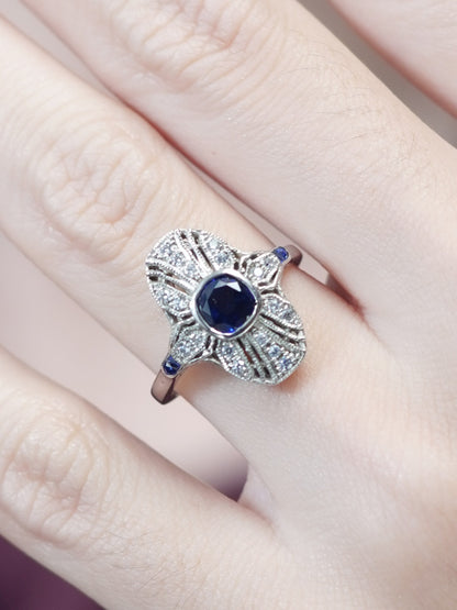 Sapphire and Diamond Cluster Plaque Ring in 14ct White Gold