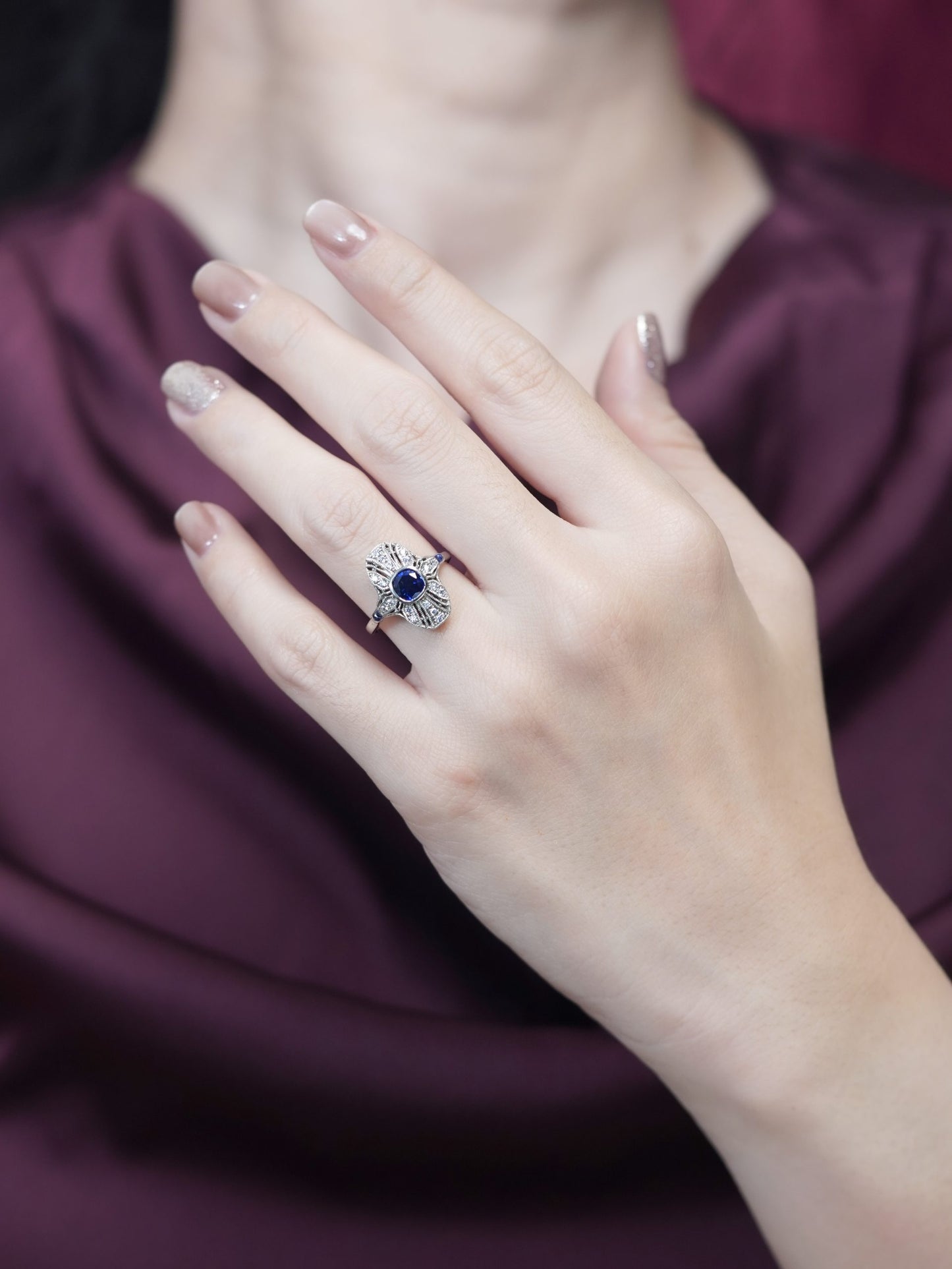 Sapphire and Diamond Cluster Plaque Ring in 14ct White Gold