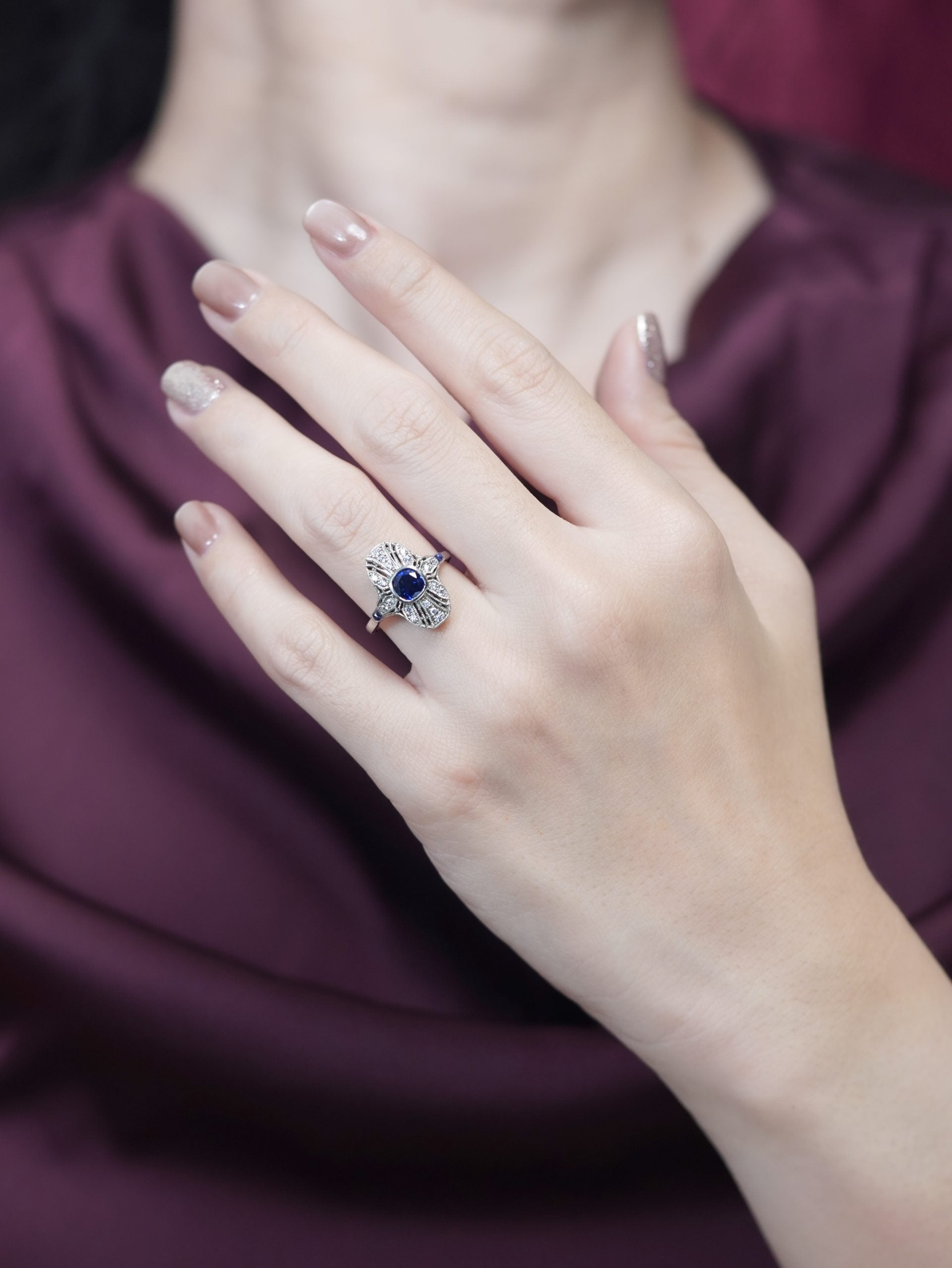 Sapphire and Diamond Cluster Plaque Ring in 14ct White Gold