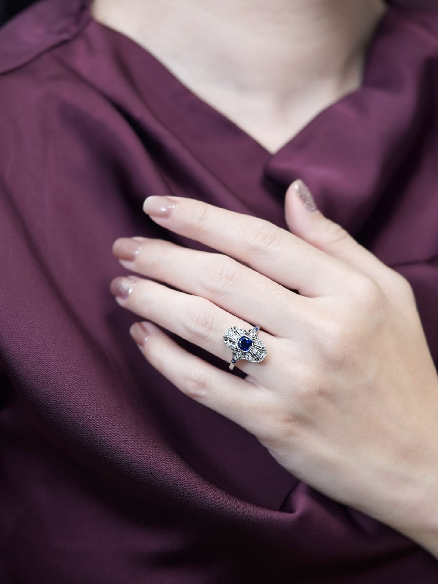 Sapphire and Diamond Cluster Plaque Ring in 14ct White Gold