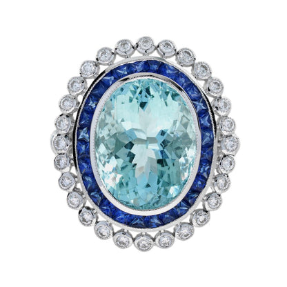 7.58ct Oval Aquamarine Sapphire and Diamond Cluster Dress Ring