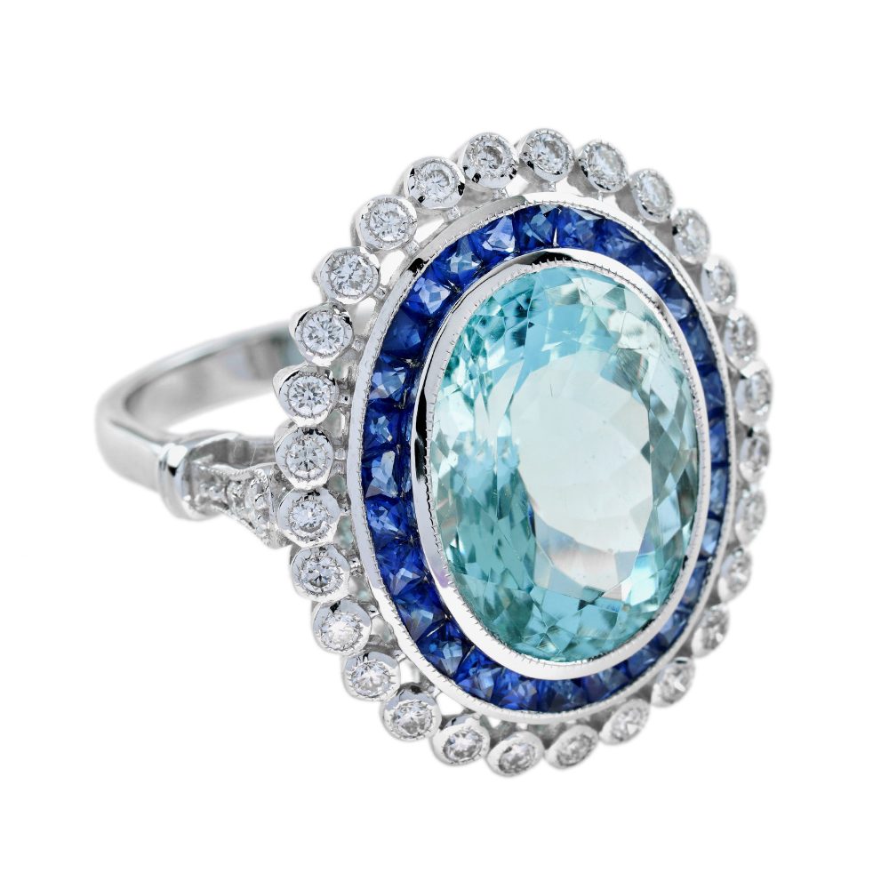 7.58ct Oval Aquamarine Sapphire and Diamond Cluster Dress Ring