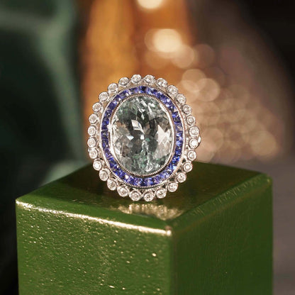 7.58ct Oval Aquamarine Sapphire and Diamond Cluster Dress Ring