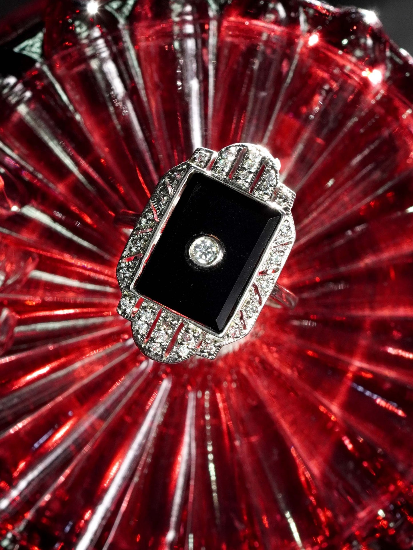 Diamond and Onyx Cluster Tablet Plaque Ring in 14ct White Gold