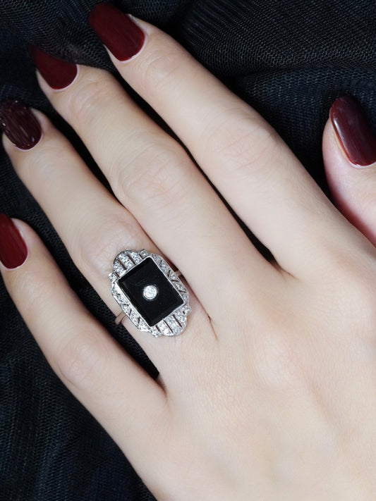 Diamond and Onyx Cluster Tablet Plaque Ring in 14ct White Gold