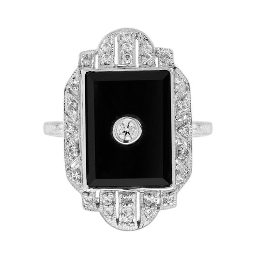 Diamond and Onyx Cluster Tablet Plaque Ring in 14ct White Gold