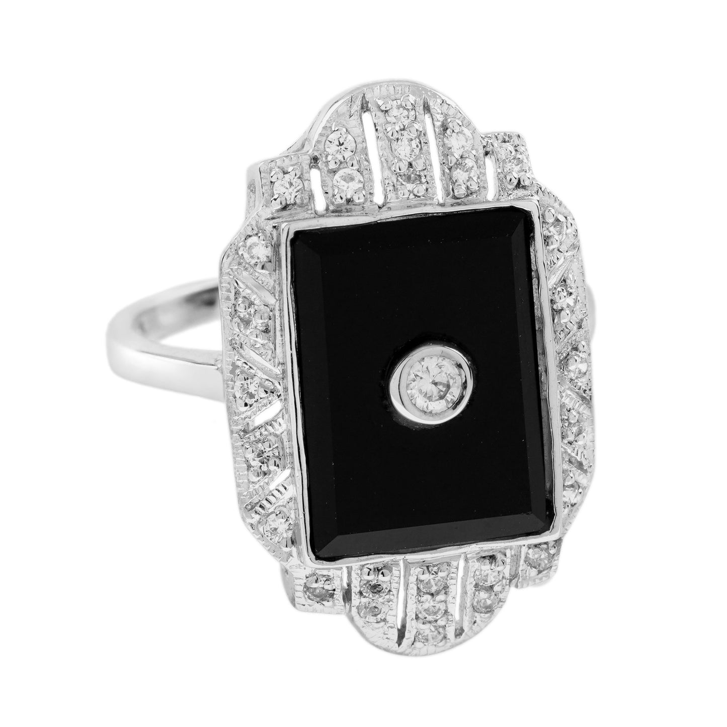 Diamond and Onyx Cluster Tablet Plaque Ring in 14ct White Gold
