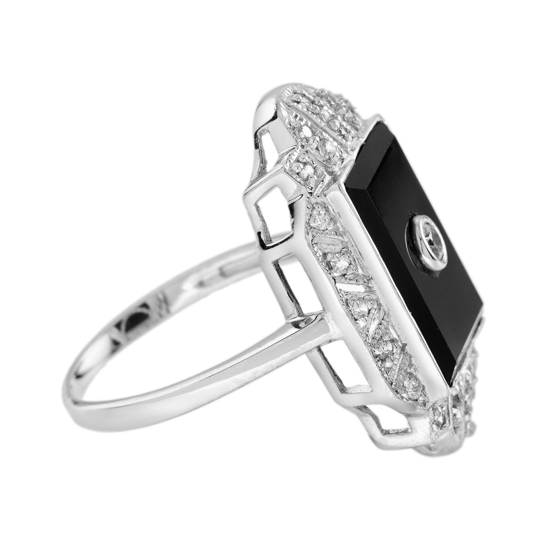 Diamond and Onyx Cluster Tablet Plaque Ring in 14ct White Gold
