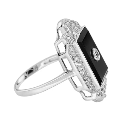 Diamond and Onyx Cluster Tablet Plaque Ring in 14ct White Gold