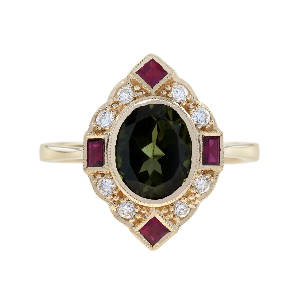 Green Tourmaline Ruby and Diamond Navette Cluster Ring