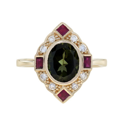 Green Tourmaline Ruby and Diamond Navette Cluster Ring