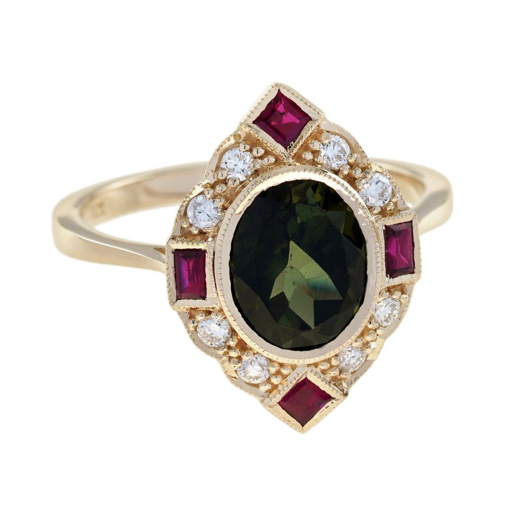 Green Tourmaline Ruby and Diamond Navette Cluster Ring