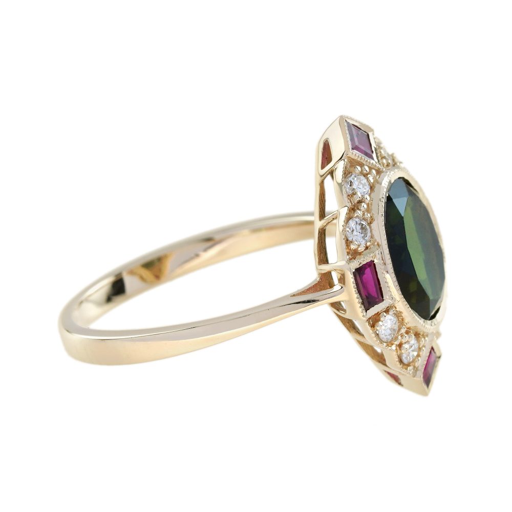 Green Tourmaline Ruby and Diamond Navette Cluster Ring