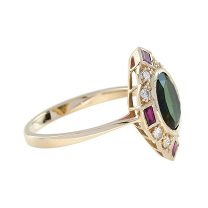 Green Tourmaline Ruby and Diamond Navette Cluster Ring
