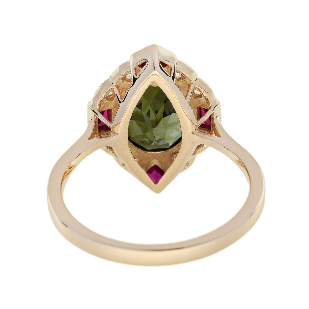 Green Tourmaline Ruby and Diamond Navette Cluster Ring