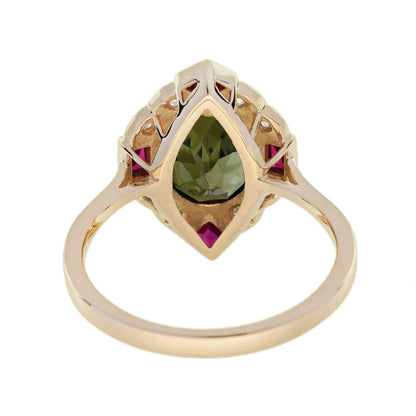 Green Tourmaline Ruby and Diamond Navette Cluster Ring