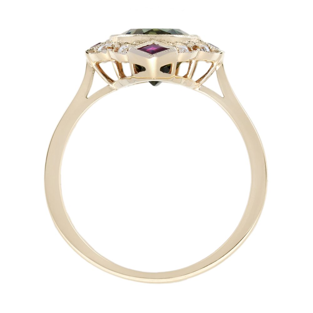 Green Tourmaline Ruby and Diamond Navette Cluster Ring