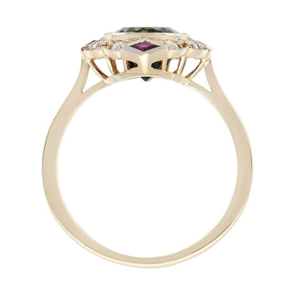 Green Tourmaline Ruby and Diamond Navette Cluster Ring