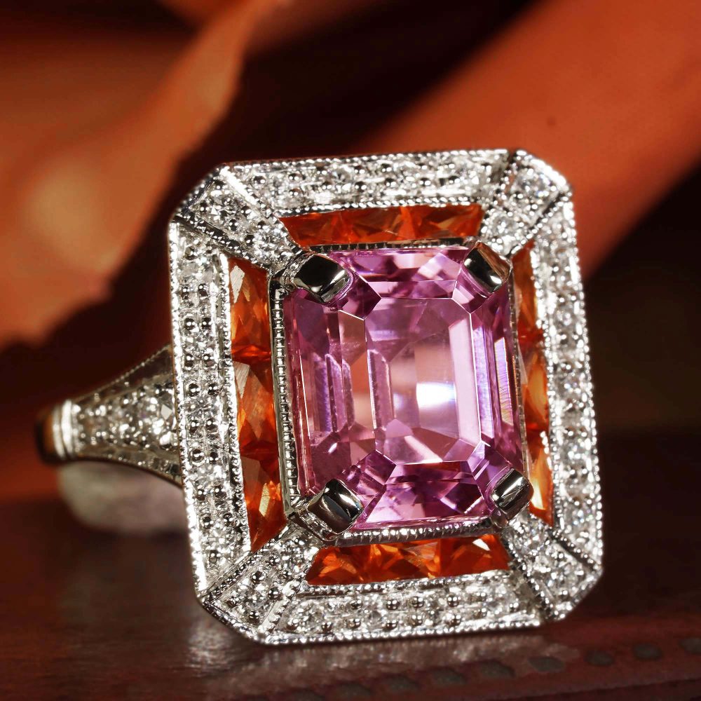 Art Deco Inspired Pink Kunzite Orange Sapphire and Diamond Cluster Ring