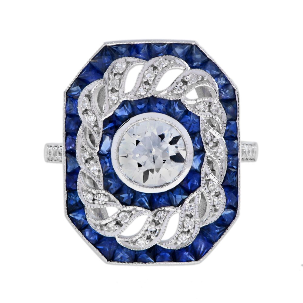 1ct Old Cut Diamond with Diamond Twist and Sapphire Cluster Ring