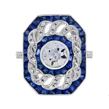 1ct Old Cut Diamond with Diamond Twist and Sapphire Cluster Ring