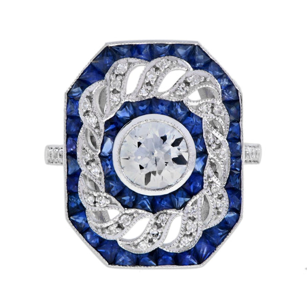 1ct Old Cut Diamond with Diamond Twist and Sapphire Cluster Ring