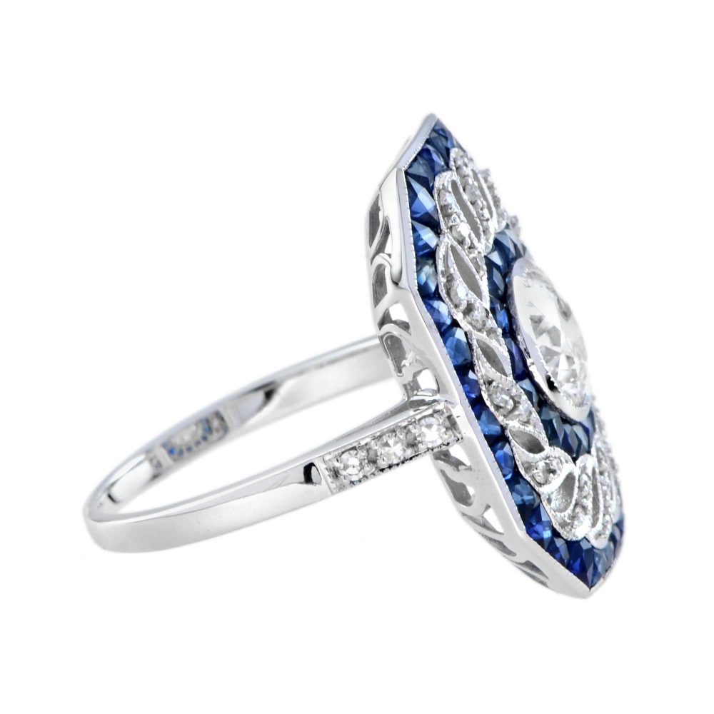 1ct Old Cut Diamond with Diamond Twist and Sapphire Cluster Ring